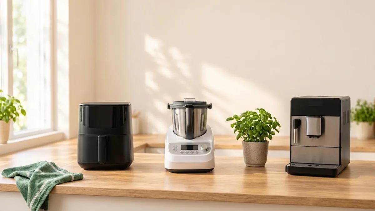 Freidora de aire, robot de cocina y cafetera superautomática sobre una encimera de cocina luminosa